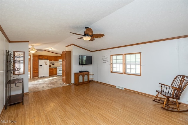 unfurnished living room featuring ornamental molding, light hardwood / wood-style flooring, lofted ceiling, and a textured ceiling