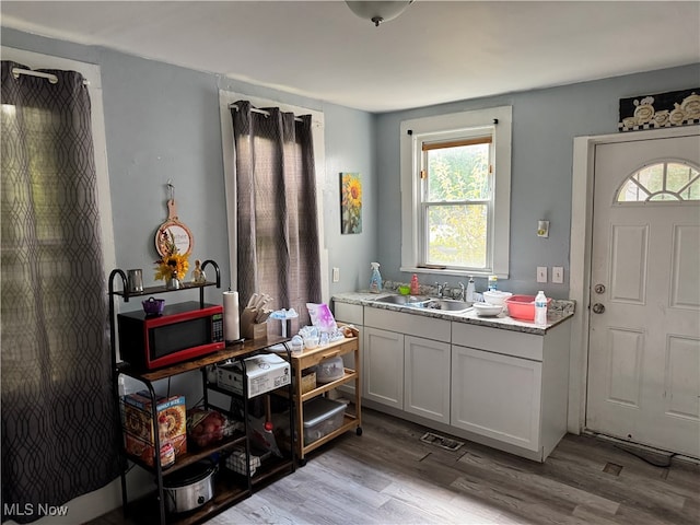 bathroom featuring wood finished floors, visible vents, and a sink