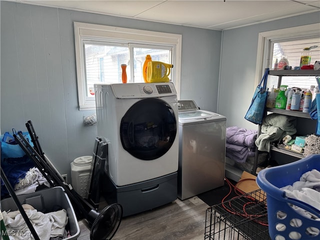 laundry area with dark wood-type flooring, wood walls, a healthy amount of sunlight, and washer and clothes dryer