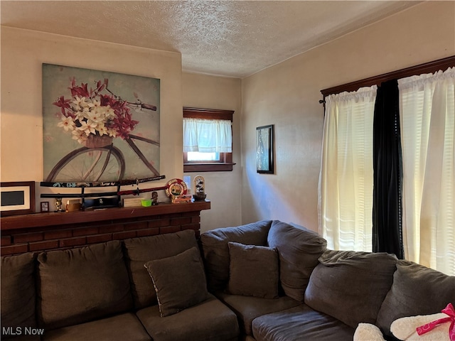 living room with a textured ceiling