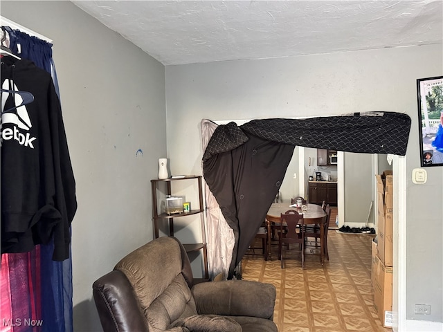 living room with a textured ceiling