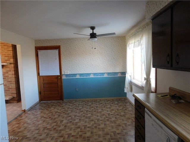 kitchen with white dishwasher and ceiling fan