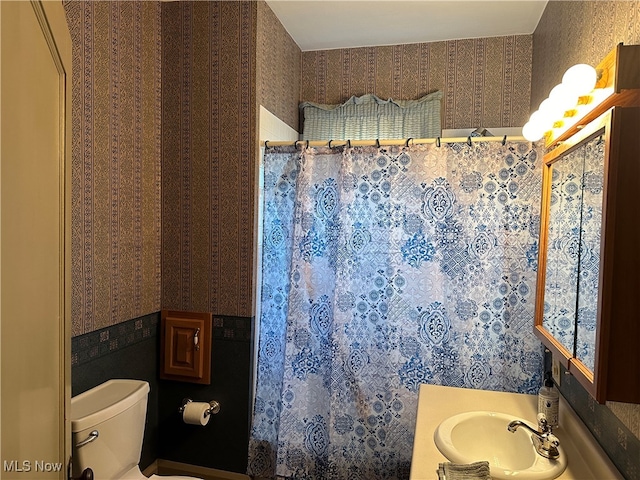 bathroom featuring toilet, vanity, and walk in shower