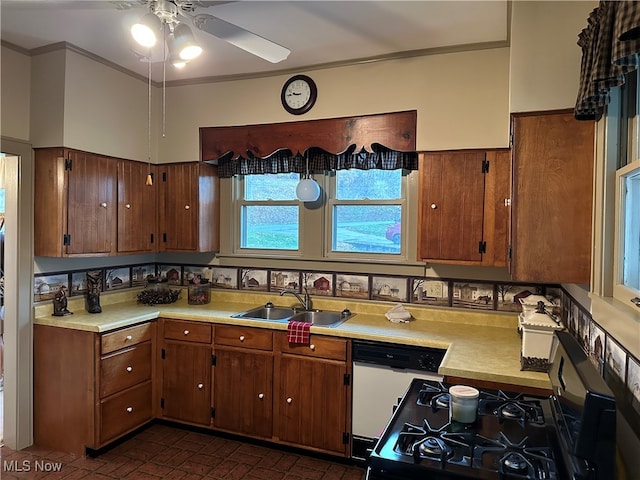 kitchen featuring crown molding, range, sink, dishwasher, and ceiling fan