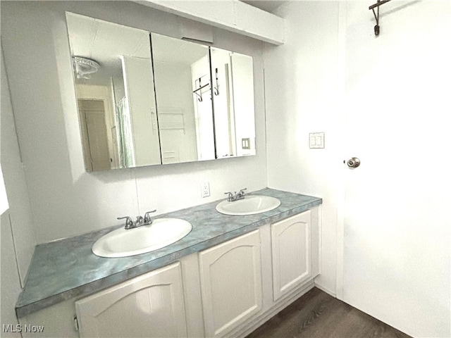 bathroom featuring vanity and wood-type flooring