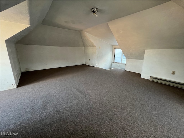 additional living space featuring baseboard heating, carpet, and vaulted ceiling