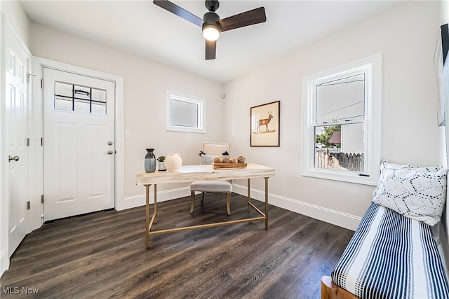 office area with dark hardwood / wood-style flooring and ceiling fan