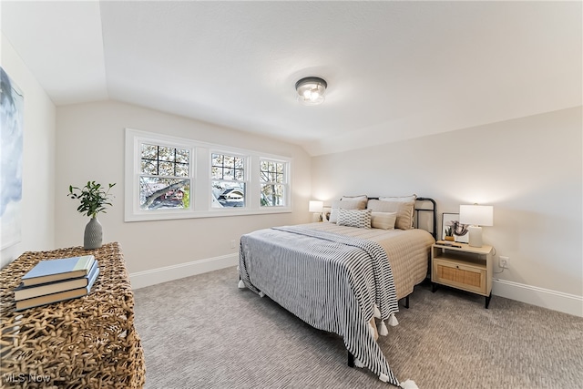 bedroom featuring baseboards, carpet, and lofted ceiling