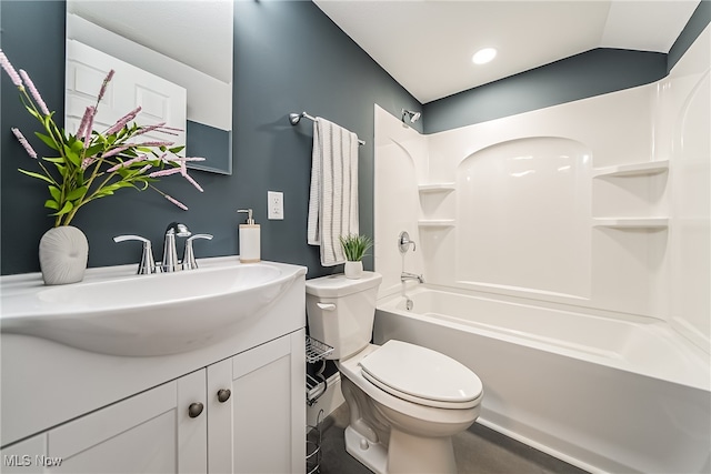 full bathroom with toilet, shower / bathing tub combination, vanity, and lofted ceiling