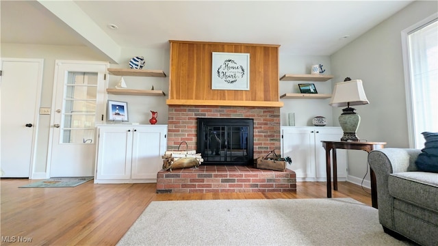 living room with a fireplace and wood-type flooring