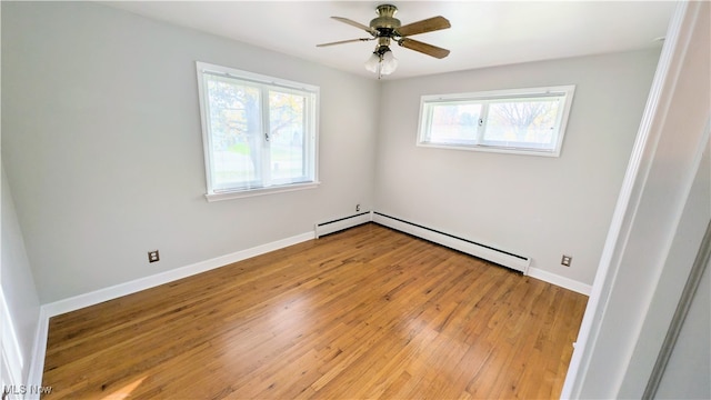 unfurnished room featuring ceiling fan, baseboard heating, and light hardwood / wood-style floors