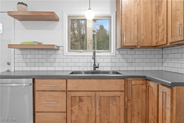 kitchen with decorative backsplash, decorative light fixtures, stainless steel dishwasher, and sink