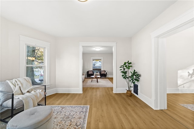 living area with light hardwood / wood-style flooring