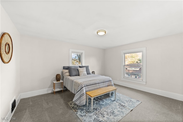 bedroom featuring dark carpet and multiple windows