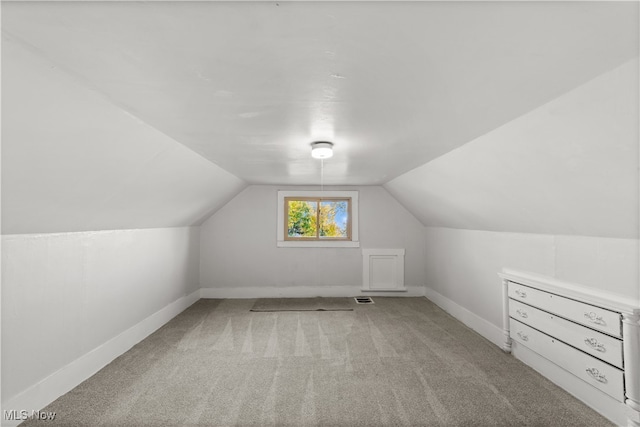 additional living space featuring light colored carpet and vaulted ceiling