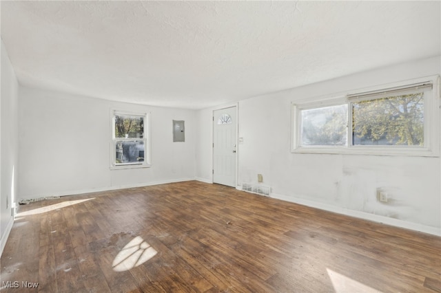 unfurnished room featuring electric panel, a wealth of natural light, and hardwood / wood-style flooring