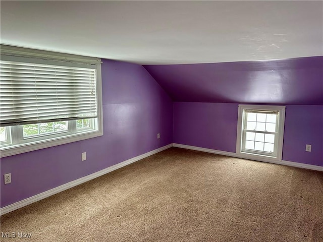 additional living space with a healthy amount of sunlight, lofted ceiling, and carpet floors