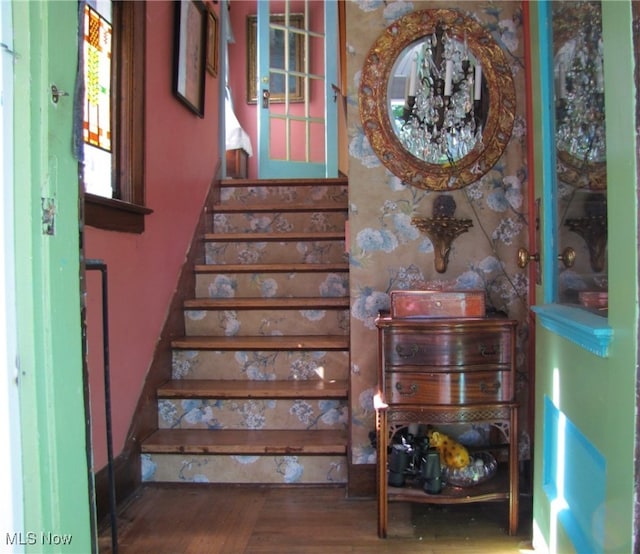 staircase with hardwood / wood-style flooring