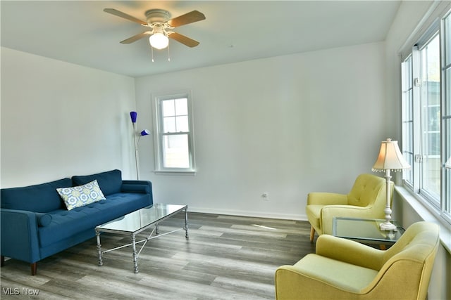 living room featuring hardwood / wood-style flooring and ceiling fan