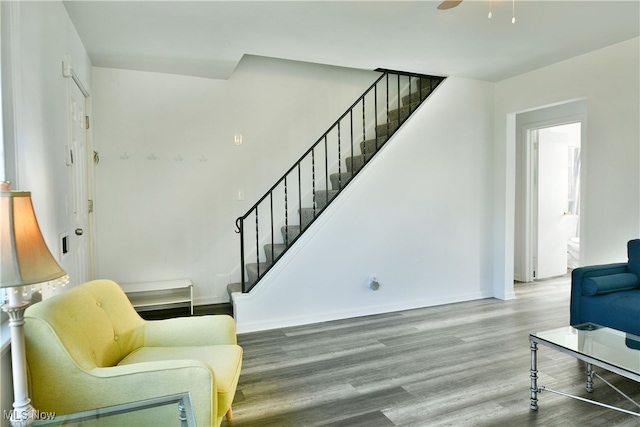 living room with hardwood / wood-style flooring and ceiling fan