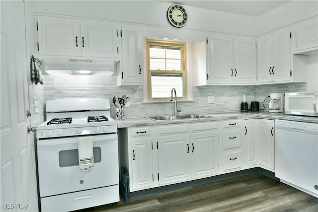 kitchen featuring sink, custom range hood, dark hardwood / wood-style floors, white appliances, and white cabinets