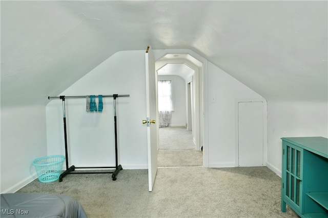 additional living space featuring vaulted ceiling and light colored carpet