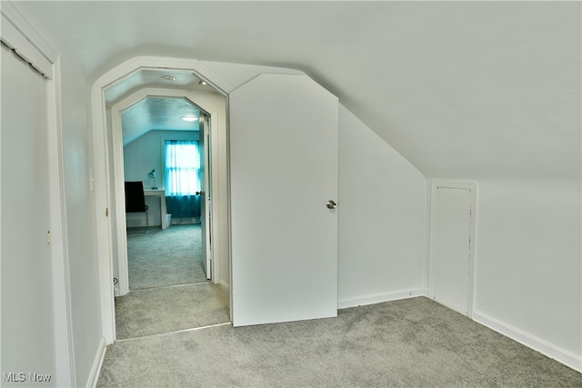 additional living space featuring light colored carpet and lofted ceiling