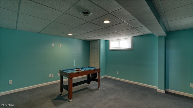 recreation room featuring a drop ceiling, billiards, and dark carpet