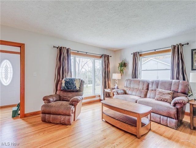 living room featuring light hardwood / wood-style floors and a textured ceiling