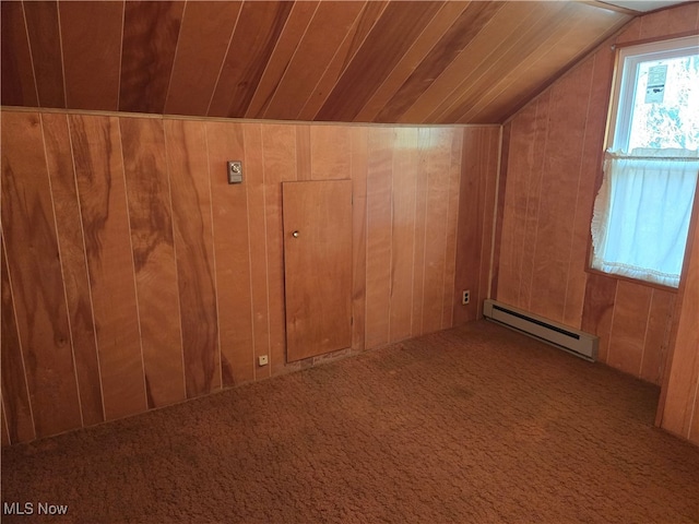 bonus room featuring wooden ceiling, baseboard heating, carpet floors, wooden walls, and vaulted ceiling