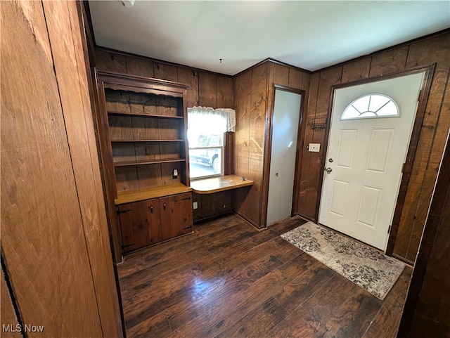 entrance foyer with dark hardwood / wood-style flooring, wood walls, and a healthy amount of sunlight