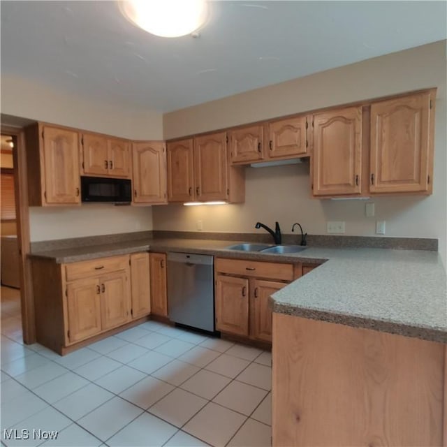 kitchen featuring stainless steel dishwasher, sink, light brown cabinets, and light tile patterned floors