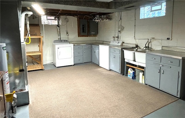 basement featuring electric panel, heating unit, and sink