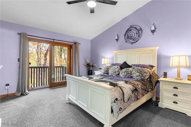 carpeted bedroom featuring lofted ceiling, ceiling fan, and access to exterior