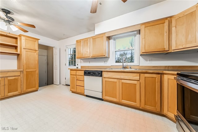 kitchen featuring ceiling fan, a healthy amount of sunlight, white dishwasher, and sink