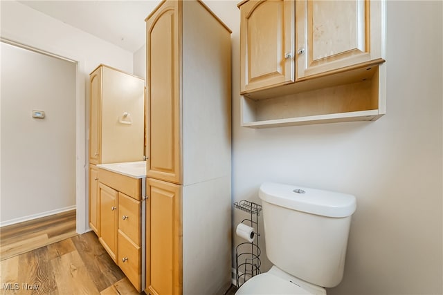 bathroom with toilet, vanity, and wood-type flooring