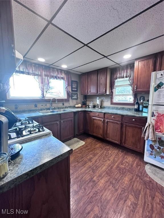 47 Swan St, Geneva, OH 44041 - kitchen featuring a sink, a drop ceiling, freestanding refrigerator, dark wood-type flooring, and recessed lighting