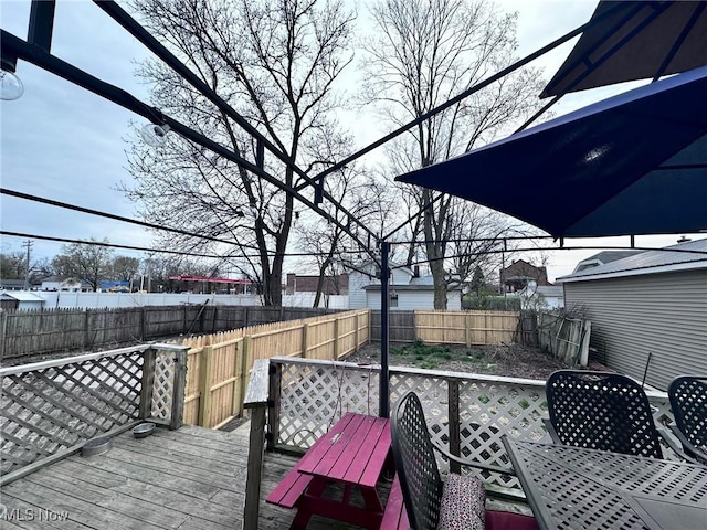 47 Swan St, Geneva, OH 44041 - wooden deck featuring a fenced backyard and outdoor dining space