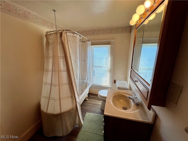 bathroom with a shower with curtain, hardwood / wood-style flooring, vanity, and toilet