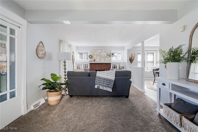 living room with carpet and a textured ceiling