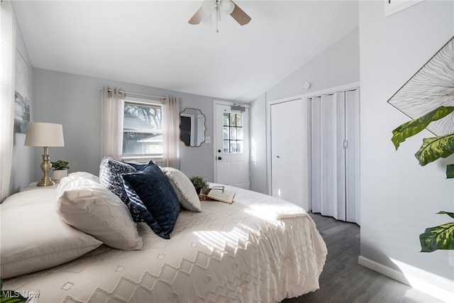 bedroom with vaulted ceiling and ceiling fan