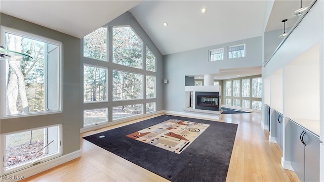 living room featuring light hardwood / wood-style floors, plenty of natural light, and high vaulted ceiling