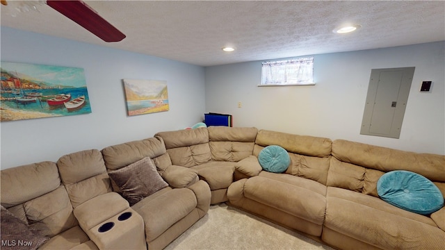 living room featuring a textured ceiling and electric panel