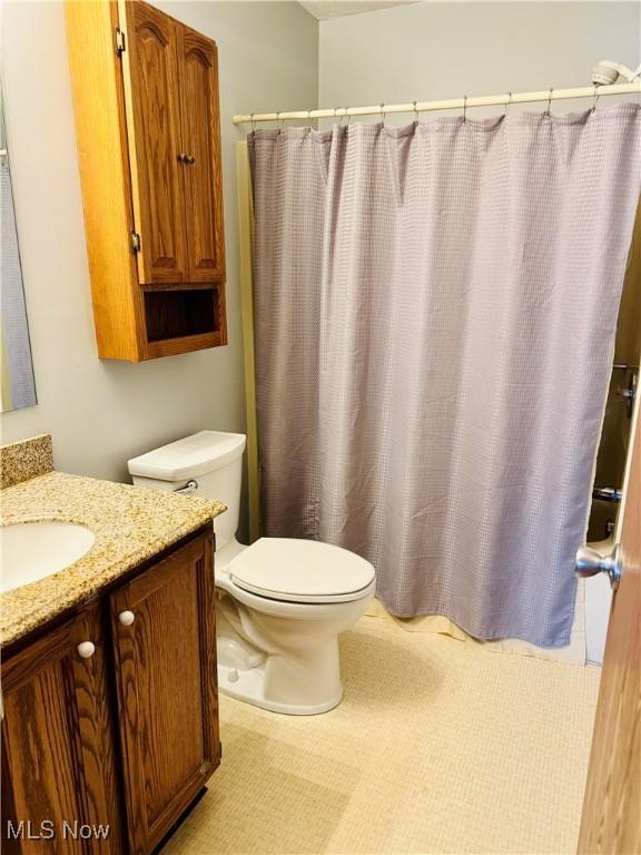 bathroom featuring vanity, toilet, and curtained shower