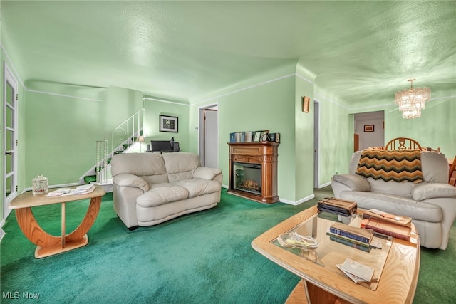 carpeted living room with a chandelier