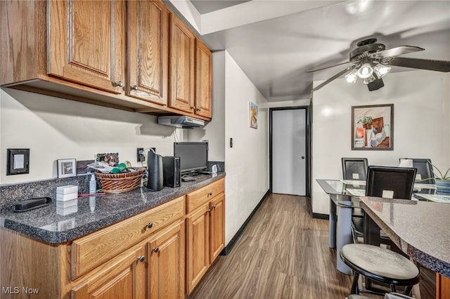 kitchen with dark wood-type flooring and ceiling fan