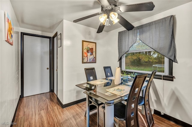 dining space featuring hardwood / wood-style floors and ceiling fan