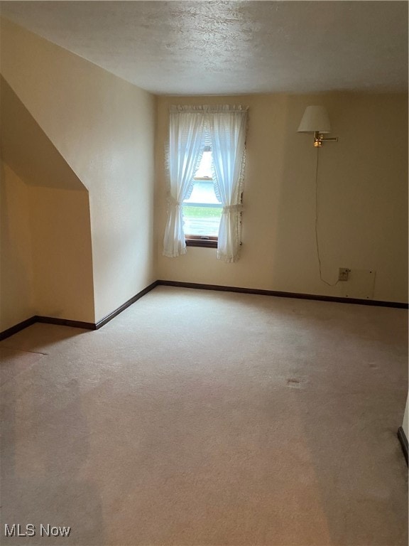 additional living space featuring a textured ceiling and light carpet