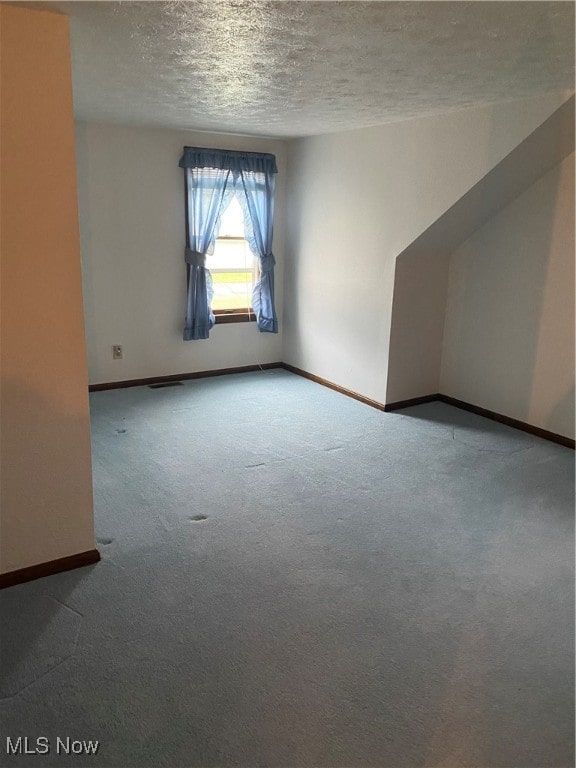 additional living space featuring a textured ceiling and carpet floors