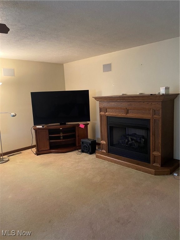 carpeted living room with a textured ceiling